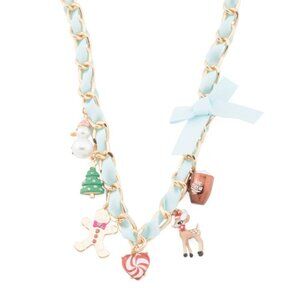 NWT BETSEY JOHNSON Blue Ribbon Christmas Charm Necklace Gold Tone Girly Cute